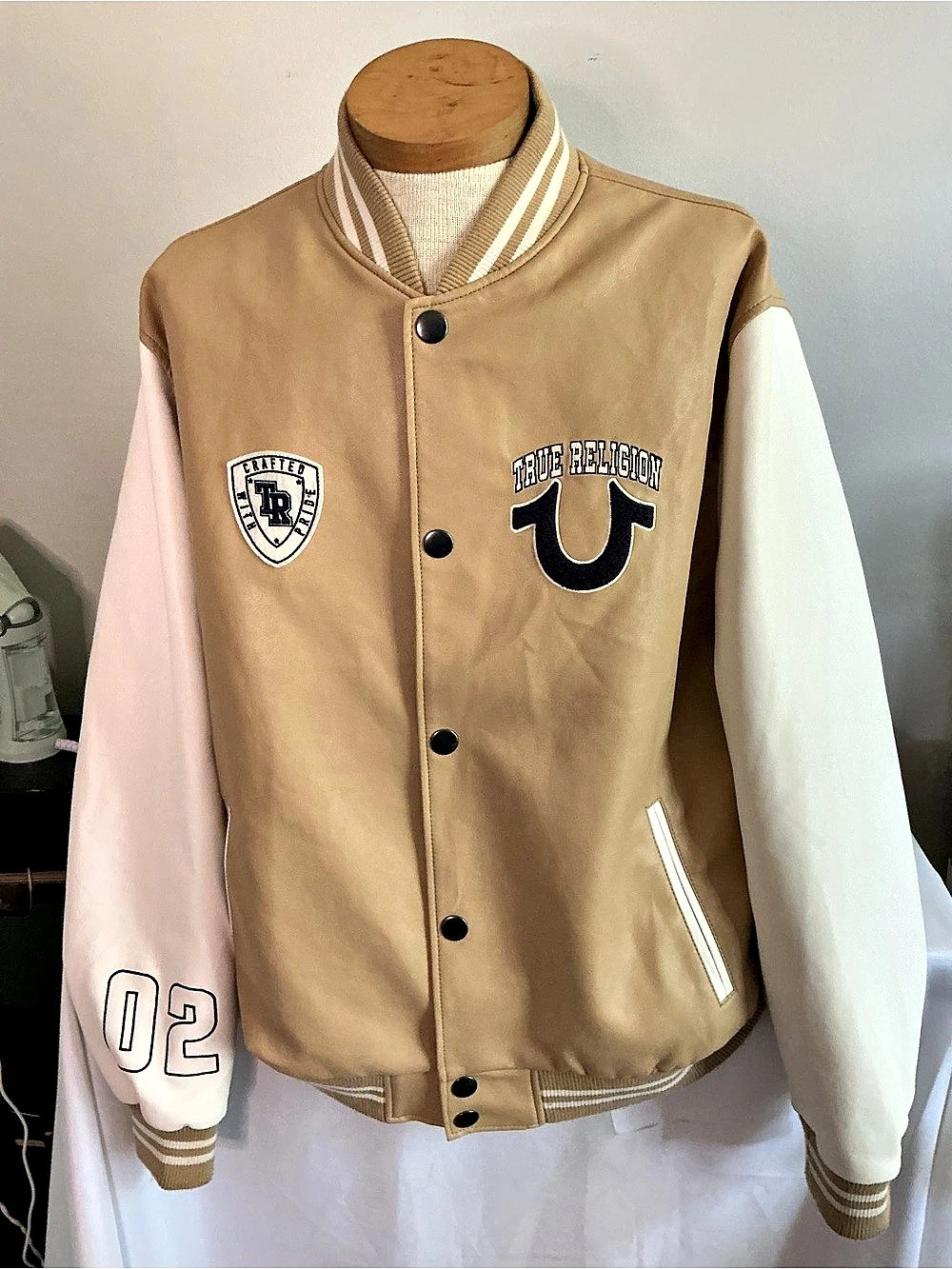 True Religion TR Script Wool Varsity Jacket Brown & White XL